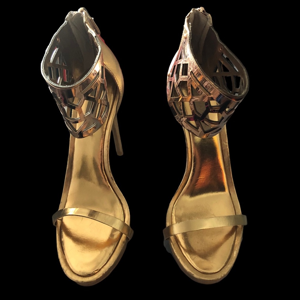 BCBG Eve gold heels with gold ankle cuff size 9